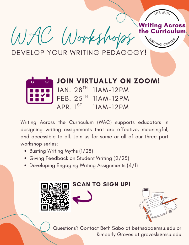 flyer for spring 2026 writing across the curriculum workshops with qr code to sign up